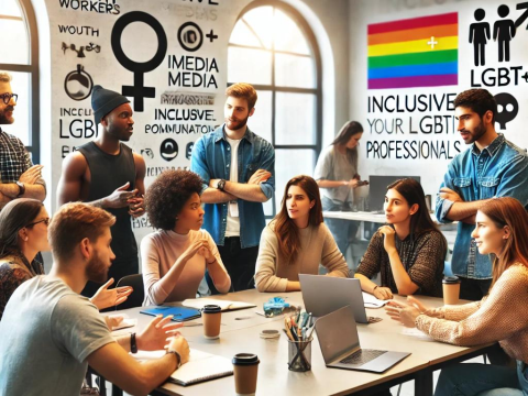 Logo of the project titled 'Inclusive Communication Workshops: Empowering Media and Youth Workers on LGBTI+ Topics,' highlighting a training initiative focused on enhancing communication skills and promoting inclusive language in discussions about LGBTI+ individuals.