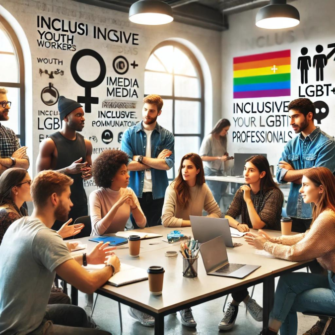 Logo of the project titled 'Inclusive Communication Workshops: Empowering Media and Youth Workers on LGBTI+ Topics,' highlighting a training initiative focused on enhancing communication skills and promoting inclusive language in discussions about LGBTI+ individuals.